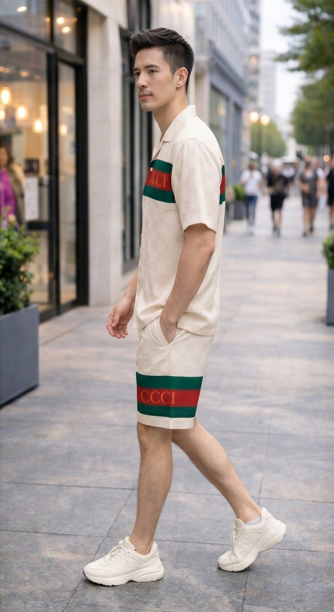 Signature Stripe Detail Cotton Bowling Shirt – White with Red & Green Accents