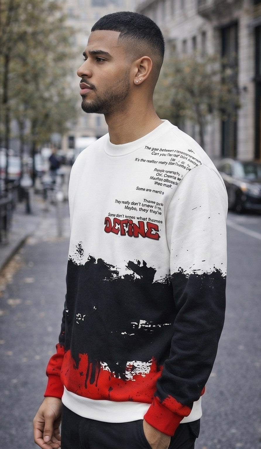 Red, Black & White Paint Splatter Graphic “DEFINE” Streetwear Sweatshirt
