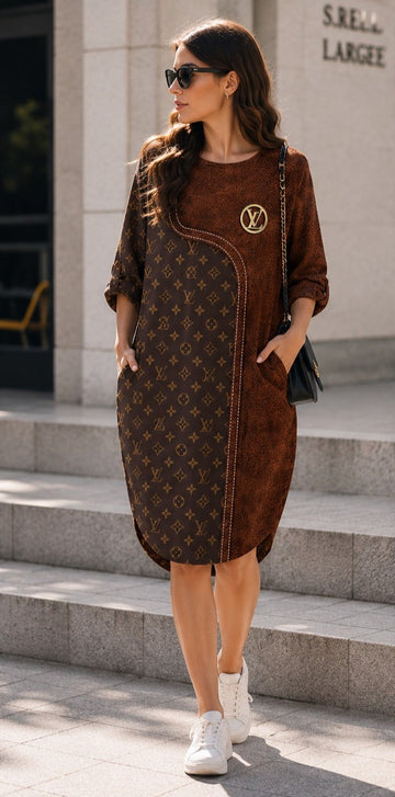 Mocha Monogram Batwing Dress – Brown