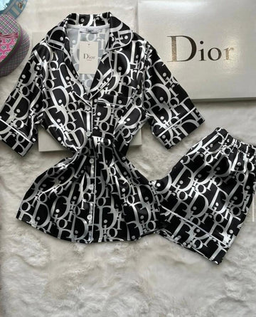 Black & White Oblique Satin Pajama Set