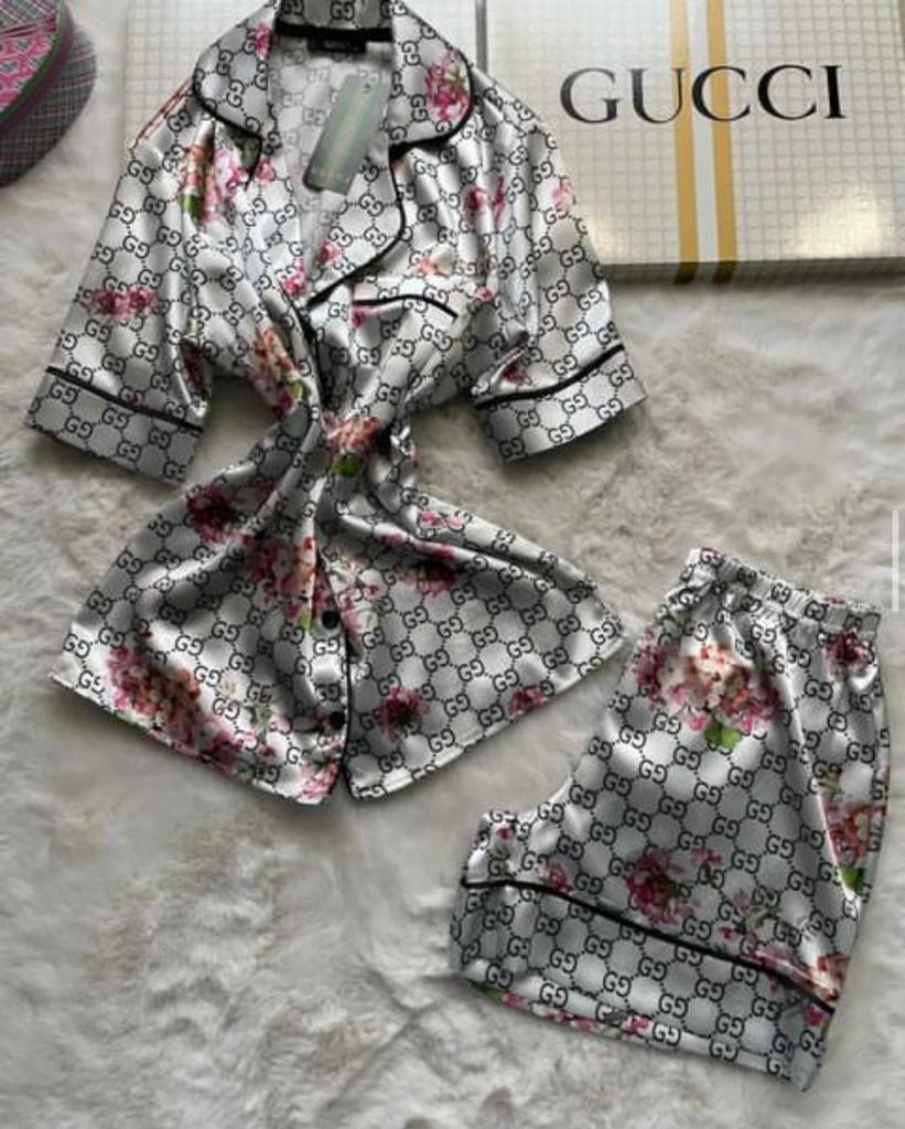 Pink Floral Monogram Satin Pajama Set