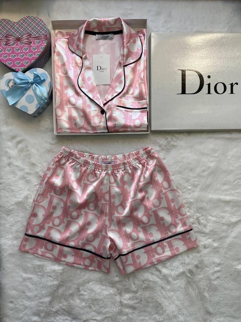 Pink & White Monogram Satin Pajama Shorts