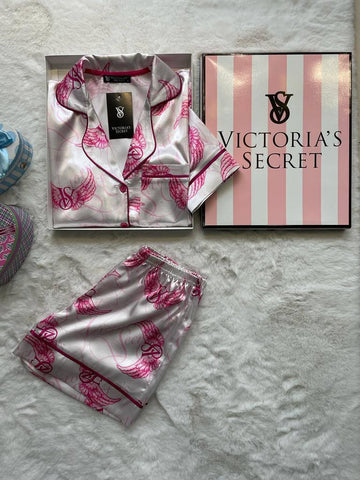 Pink & White Wing Print Satin Pajama Set