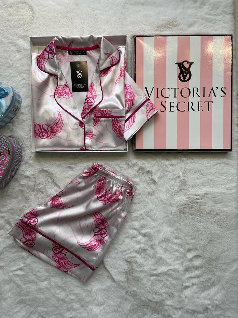 Pink & White Wing Print Satin Pajama Set