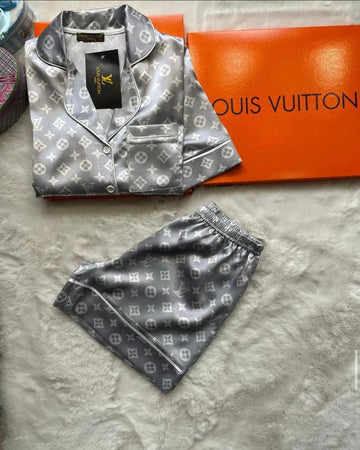 Grey Monogram Satin Lounge Shorts