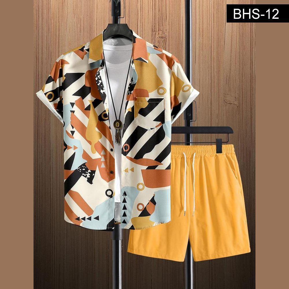Abstract Geometric Print Short Sleeve Button-Up Shirt – White, Orange & Black