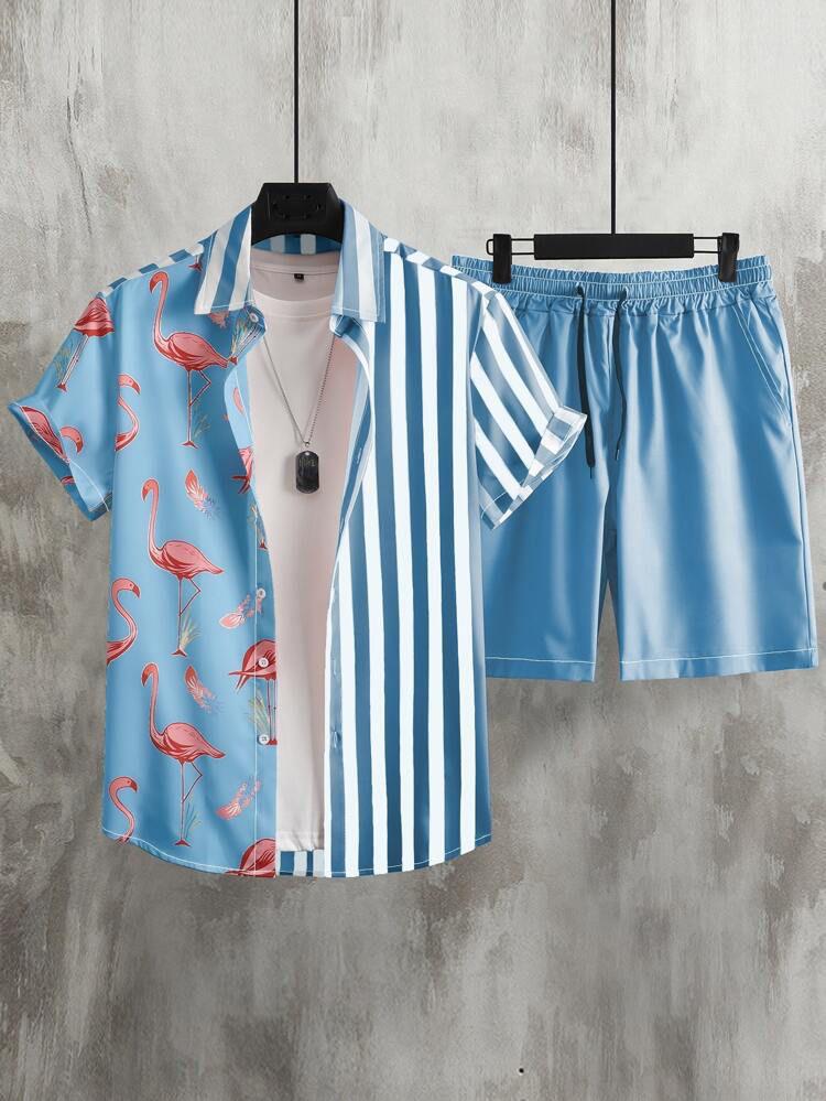 Flamingo Fusion Button-Up Shirt – Blue & White