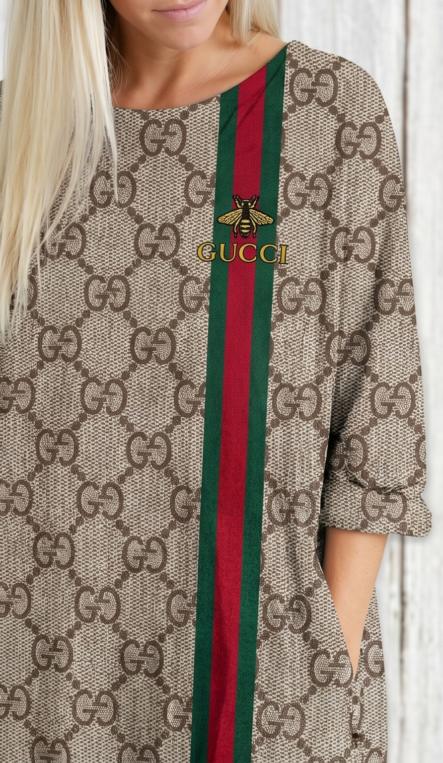 Heritage Stripe Monogram Dress – Beige, Brown & Red-Green Stripe