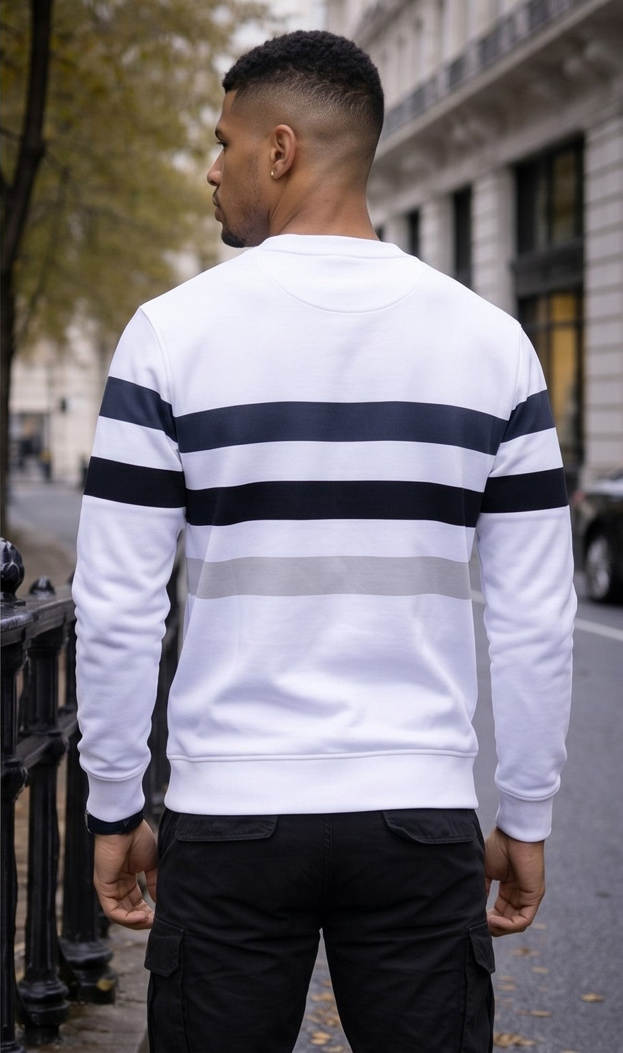 Lacoste Striped Crew Neck Sweater - White, Navy & Grey