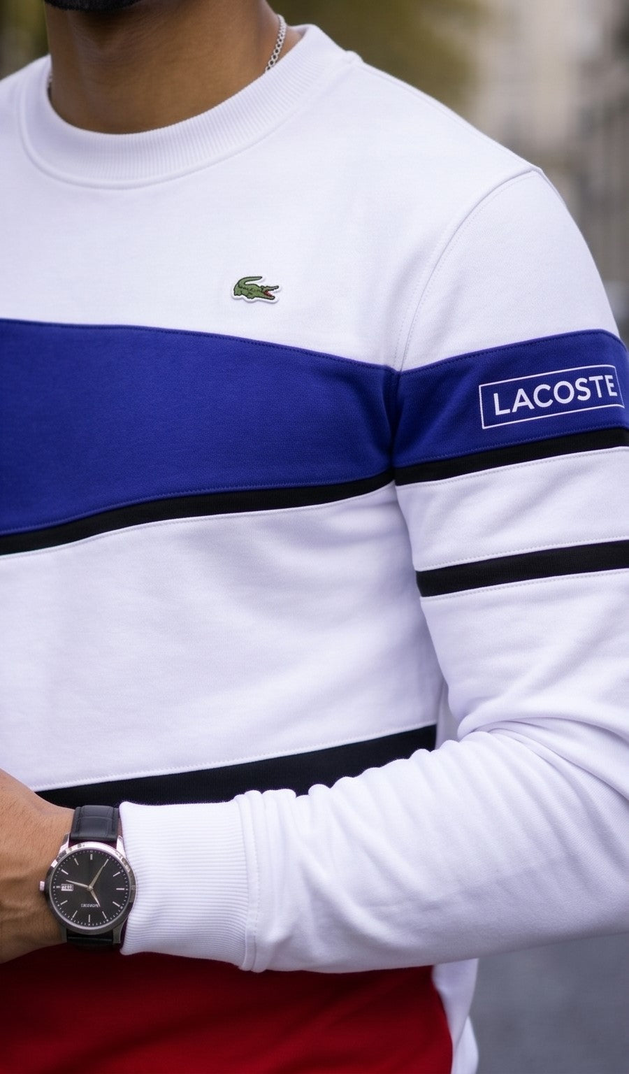 Lacoste Colorblock Fleece Sweatshirt - White, Blue & Red