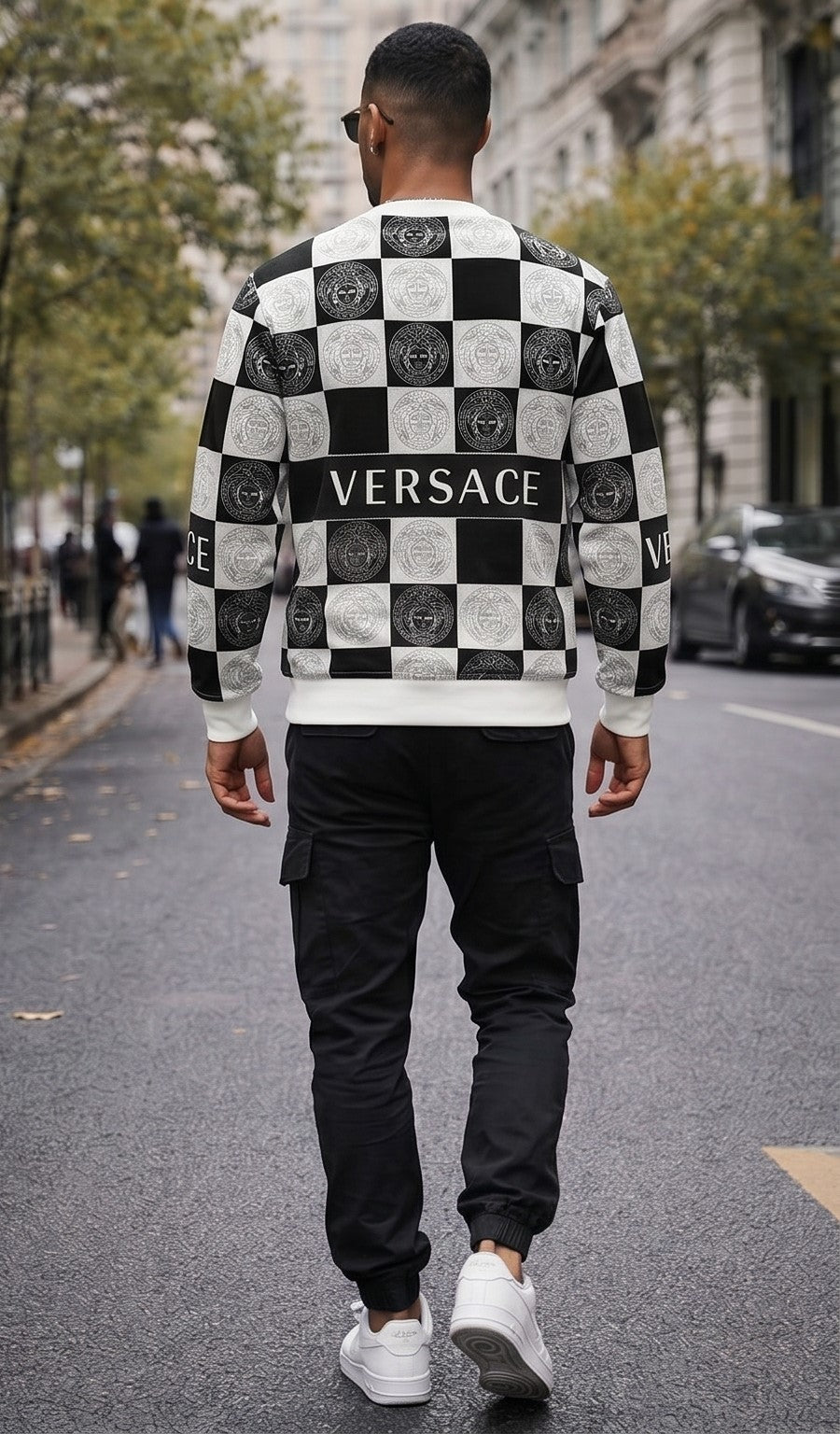 Monochrome All-Over Pattern Wool Blend Sweater – Black & White