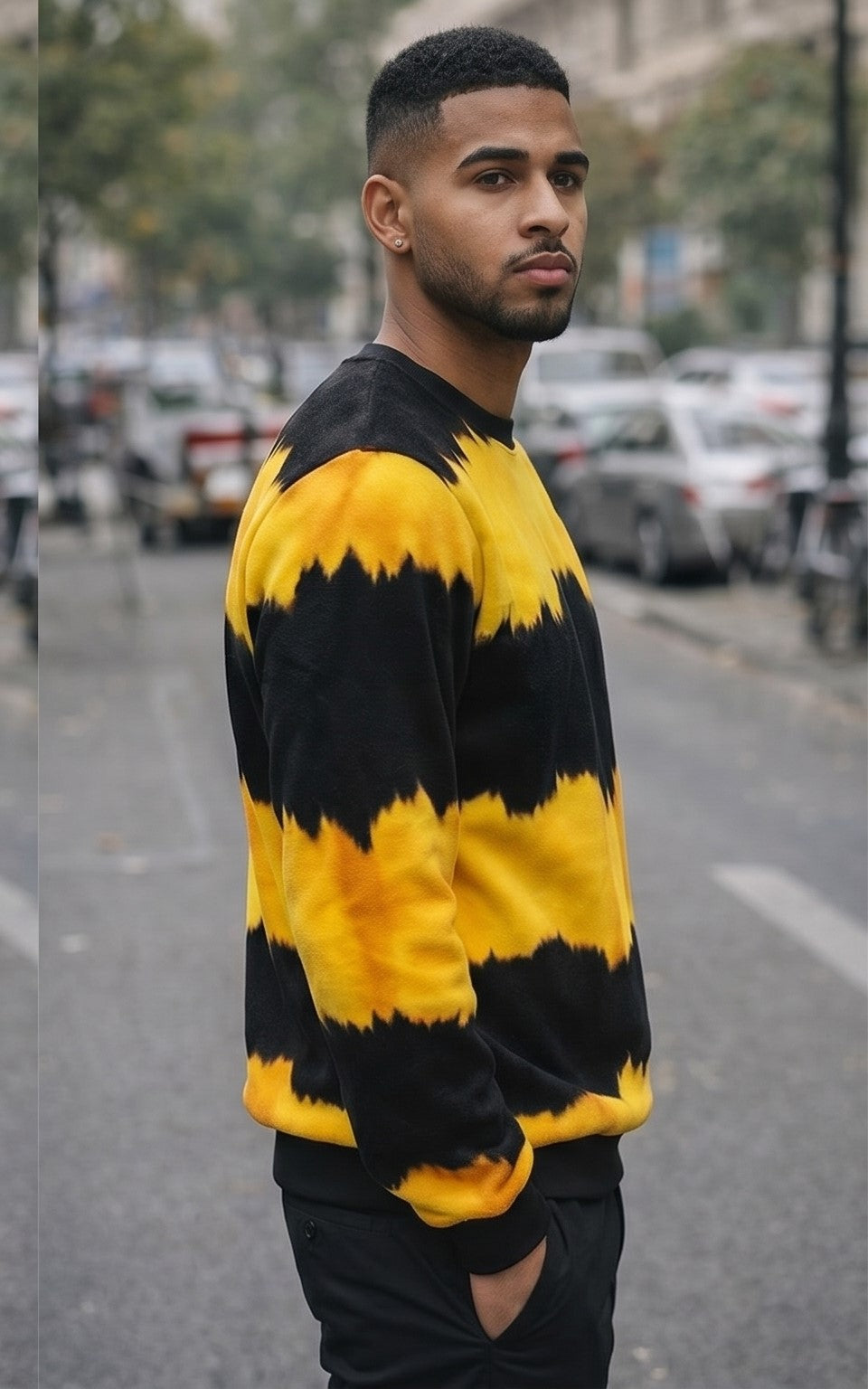 Yellow & Black Tie-Dye Crewneck Sweatshirt with Graphic Detail