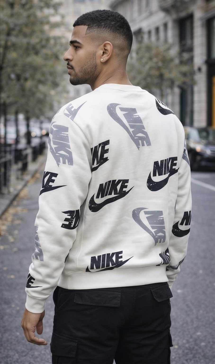 White All-Over Logo Print Street Sweatshirt – Black & Grey Accents