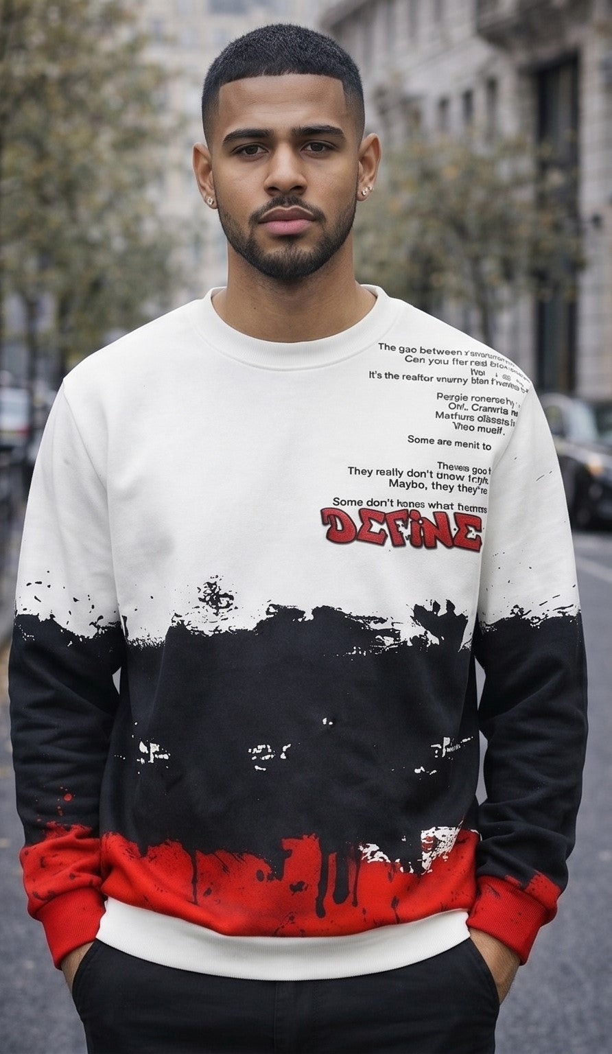 Red, Black & White Paint Splatter Graphic “DEFINE” Streetwear Sweatshirt