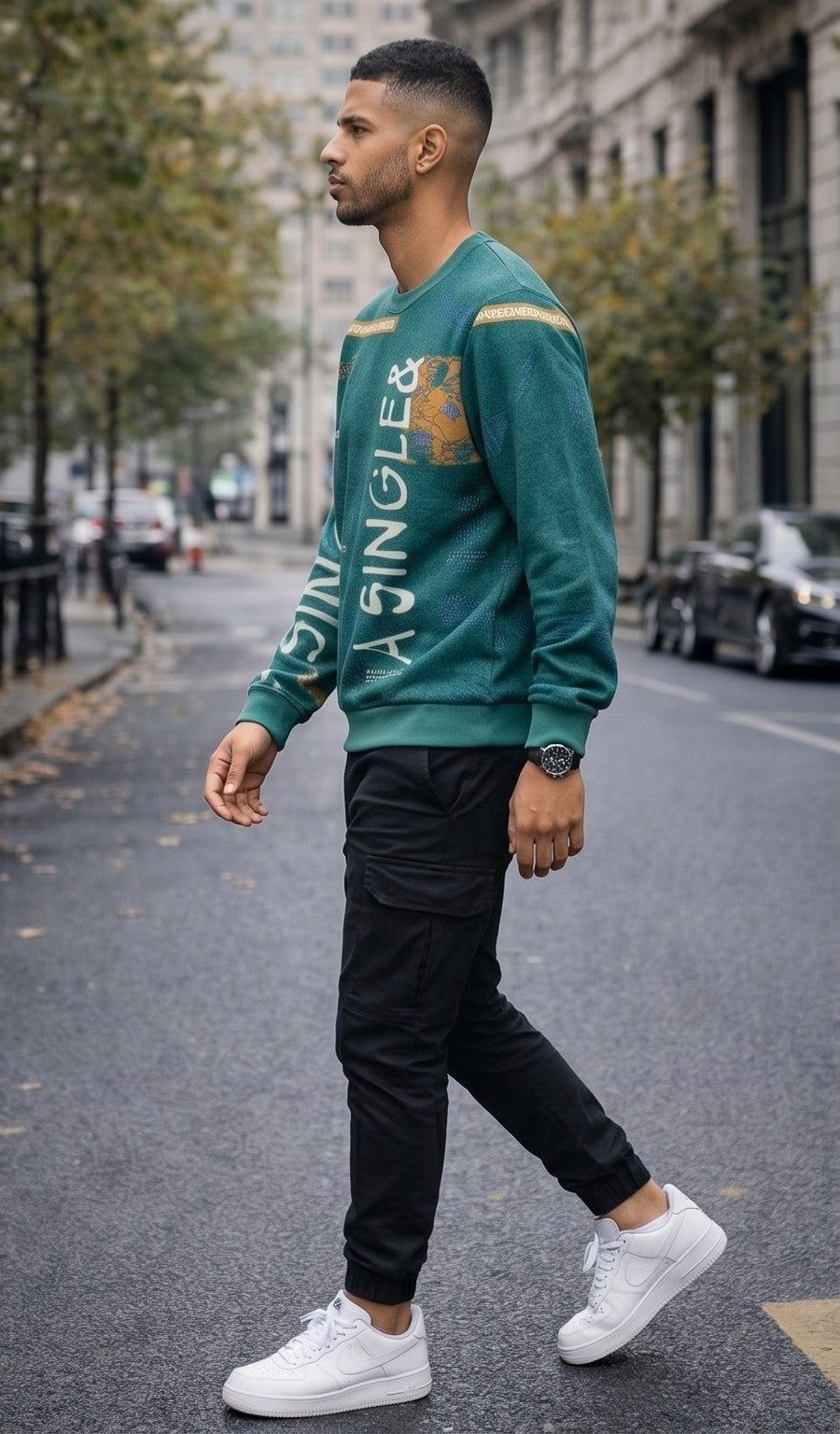 Dark Green Japanese Lettering Graphic Streetwear Pullover Sweatshirt