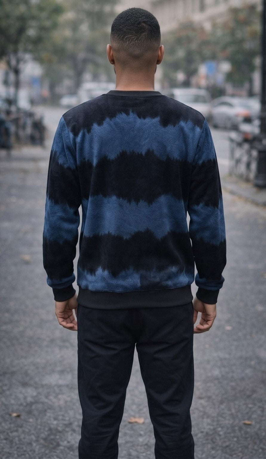 Navy Blue & Black Tie-Dye Crewneck Sweatshirt with “Fashion” Chest Print