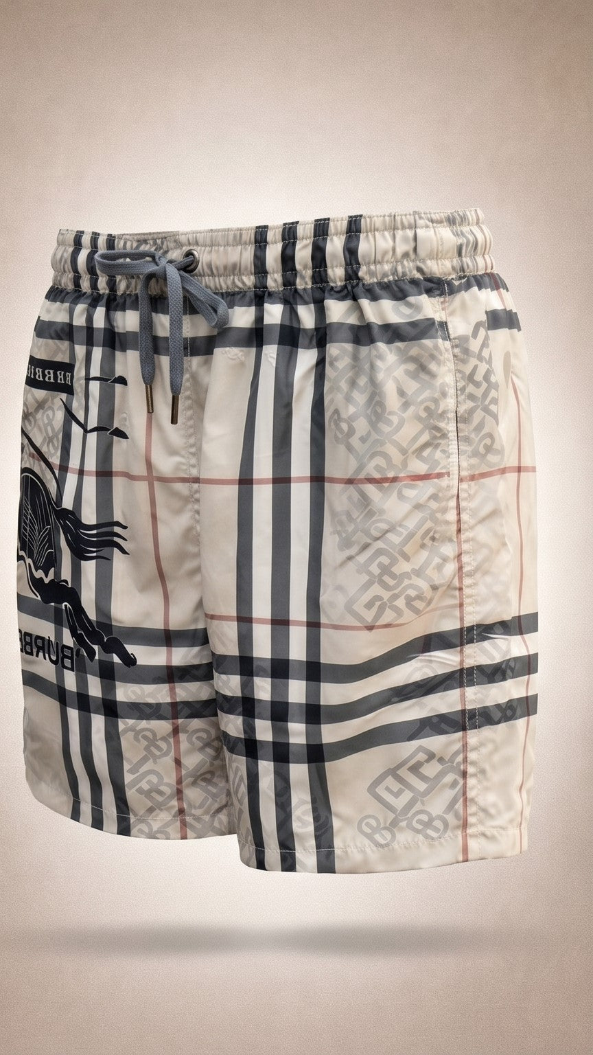 Equestrian Knight Print Shorts – Beige Check Pattern