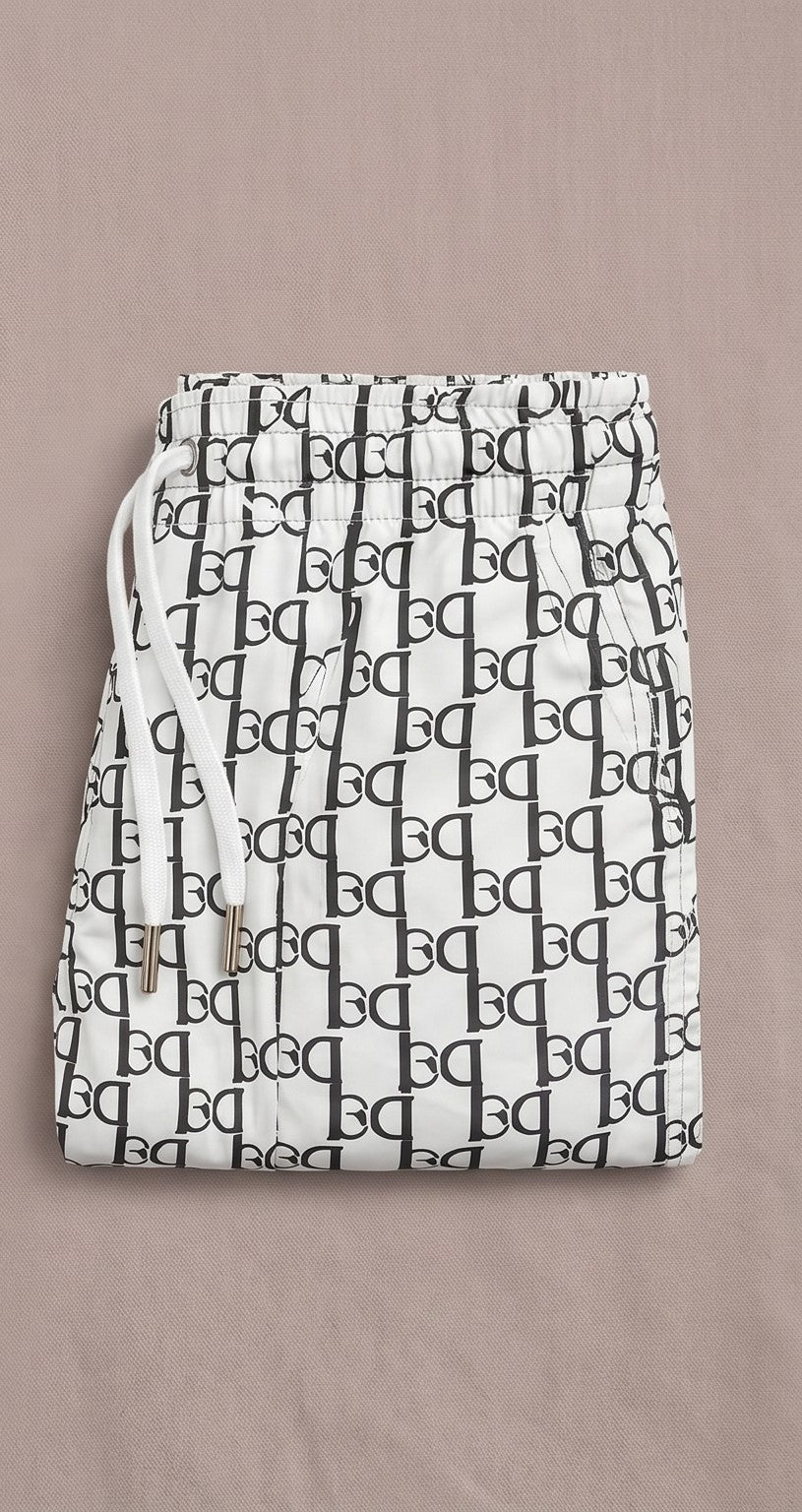 BB Monogram All-Over Logo Swim Shorts – White & Black