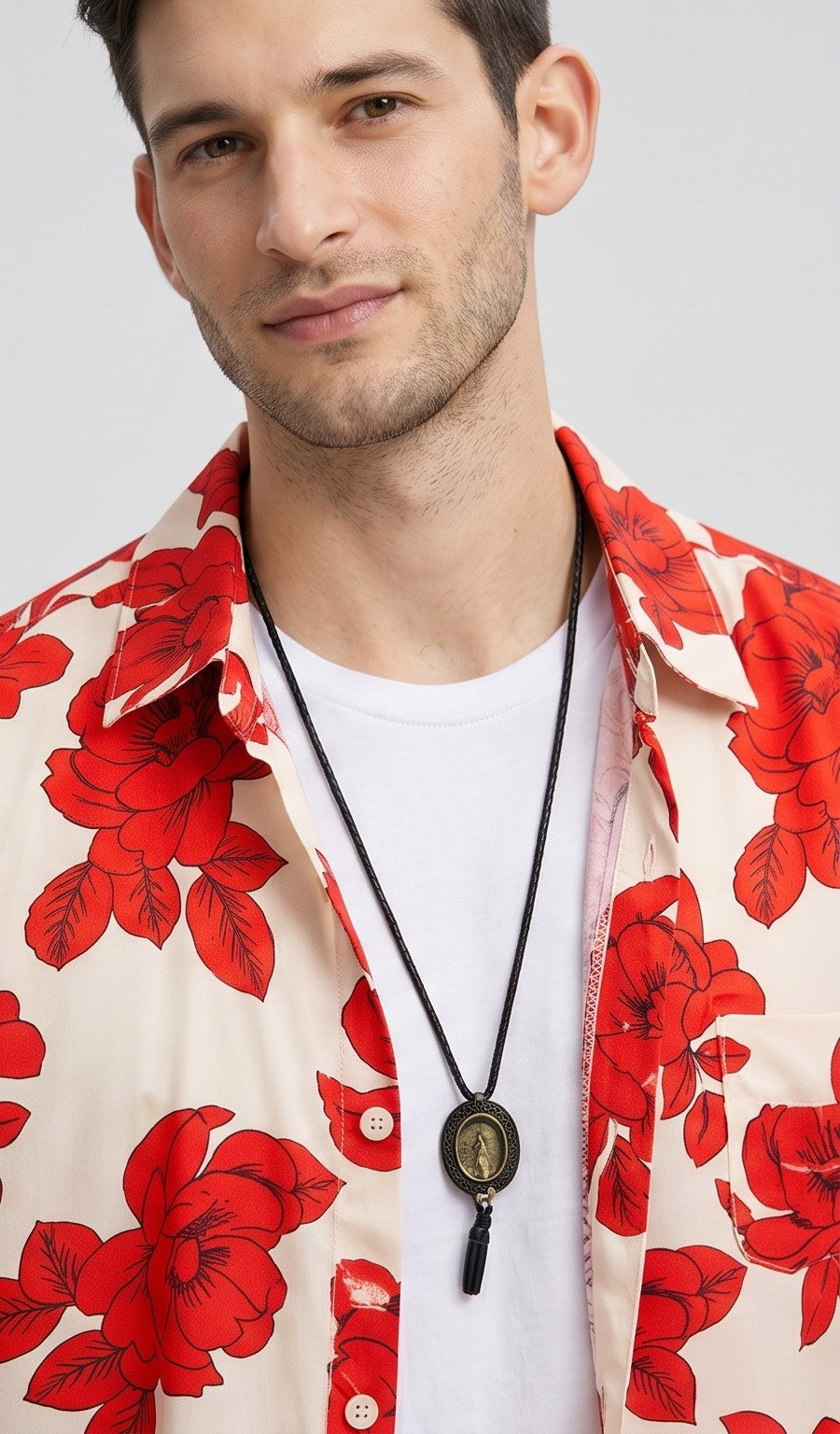 Beige Floral Print Short Sleeve Button-Up Shirt – Red Blossom Design