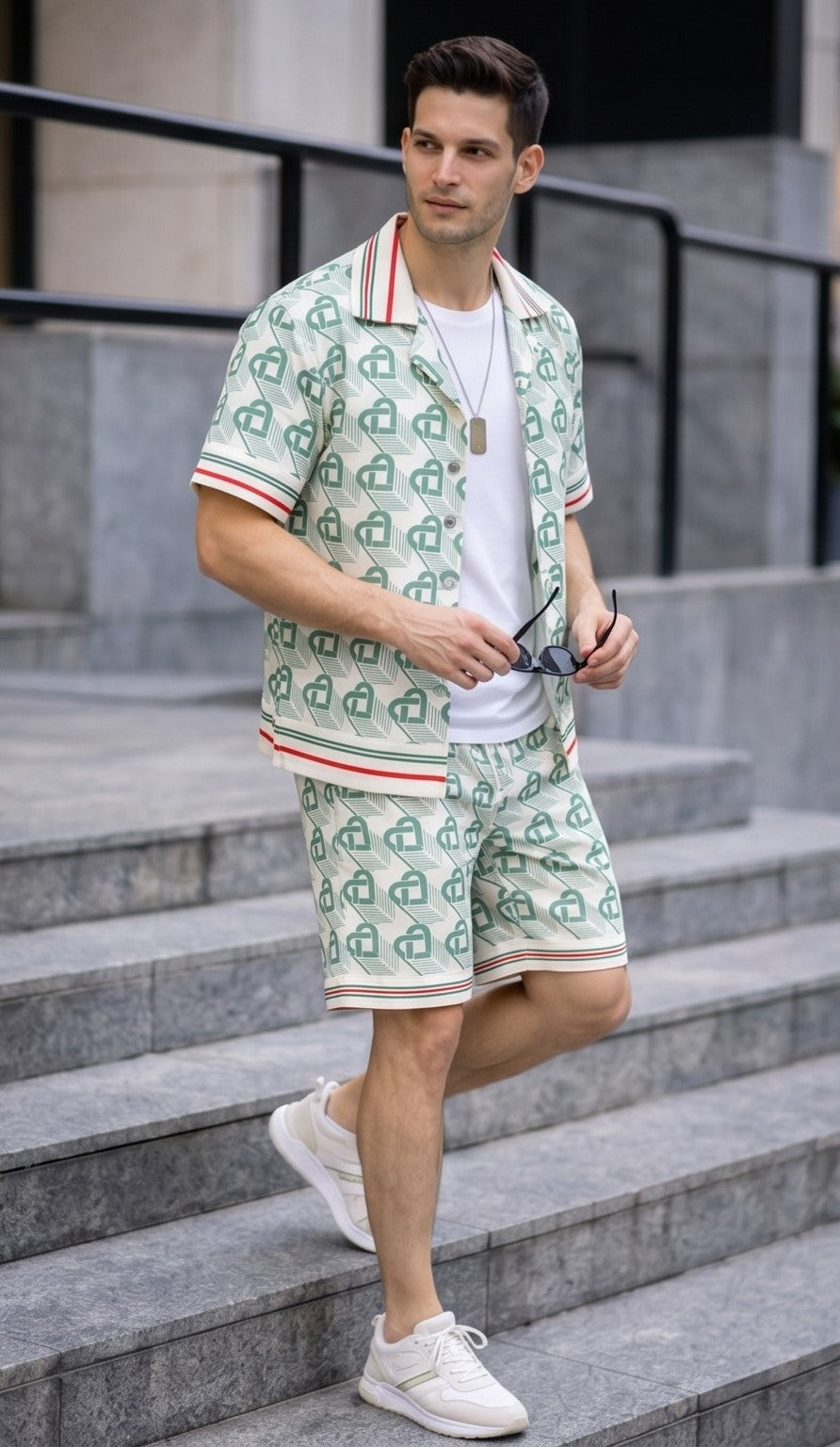 Heart Monogram Silk Button-Up Shirt – Fern Green & Cream White