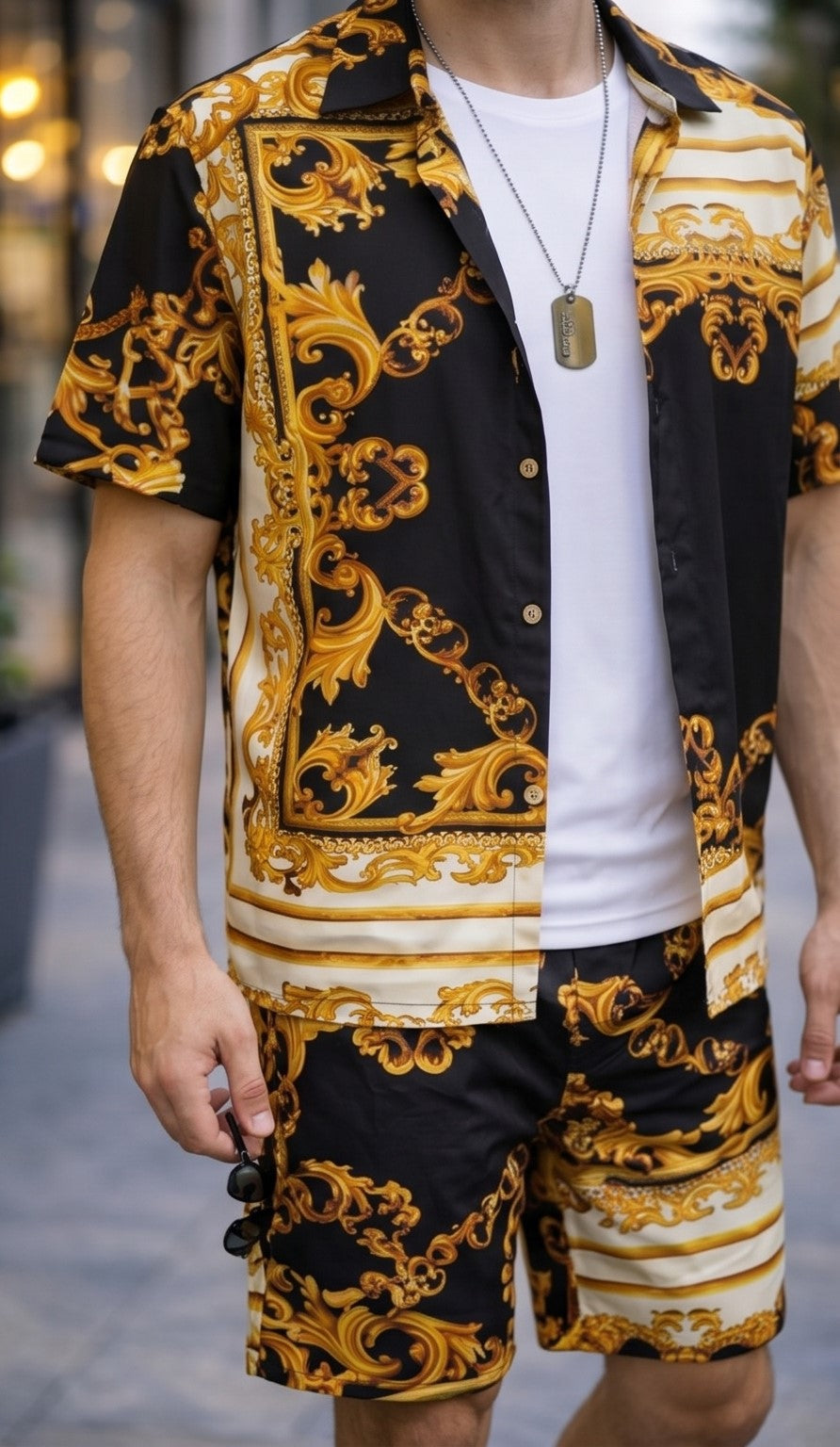 Baroque Print Button-Up Shirt – Black & Gold Yellow