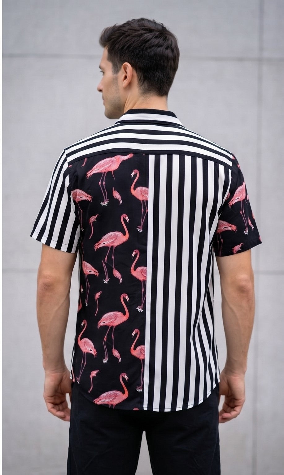 Split Design Flamingo & Stripe Button-Up Shirt – Black & White Contrast
