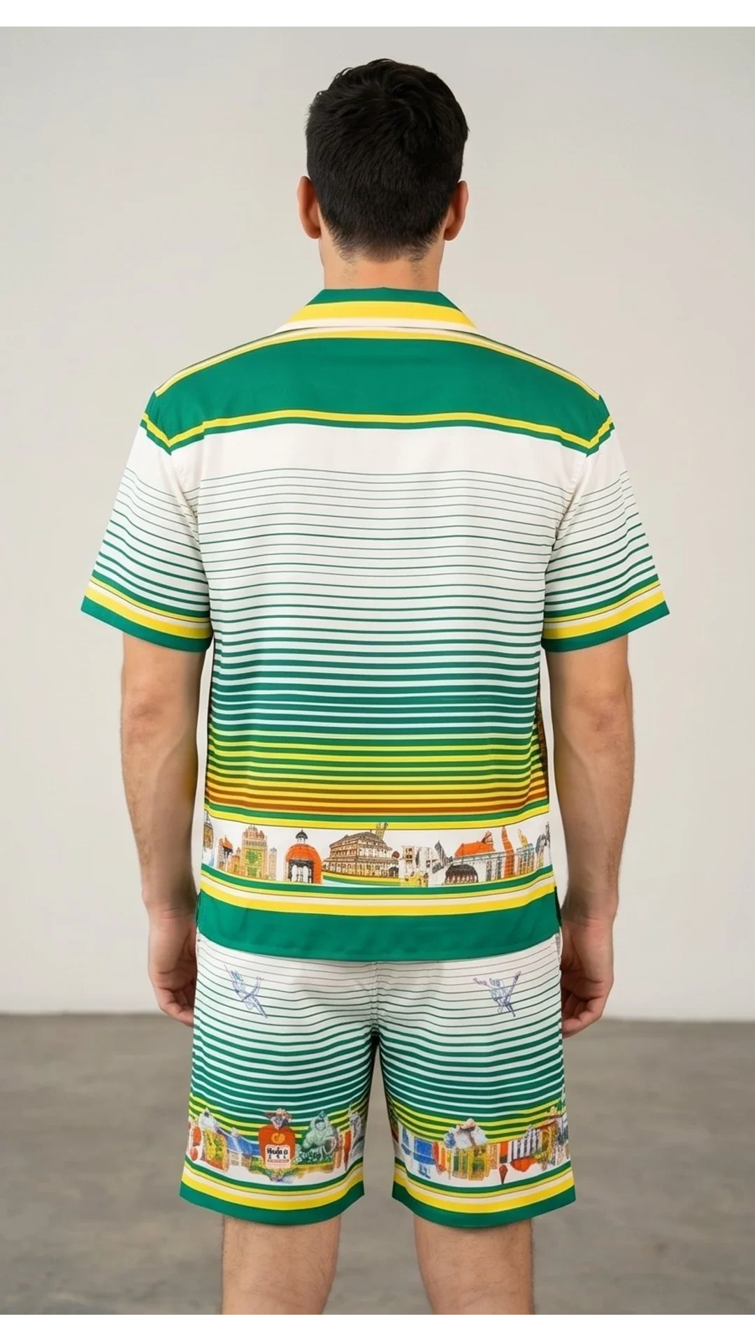 Mediterranean Cityscape Graphic Silk Cuban Collar Shirt – Green & White