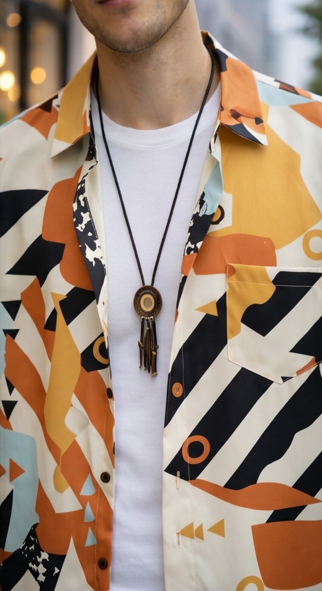Abstract Geometric Print Short Sleeve Button-Up Shirt – White, Orange & Black