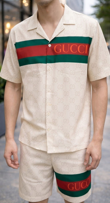 Signature Stripe Detail Cotton Bowling Shirt – White with Red & Green Accents