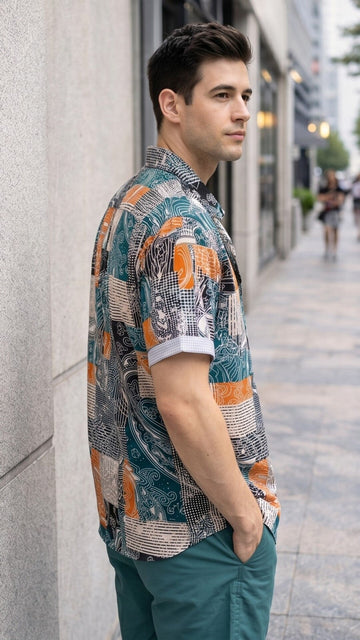 Patchwork Print Button-Front Short Sleeve Shirt – Multicolor Design