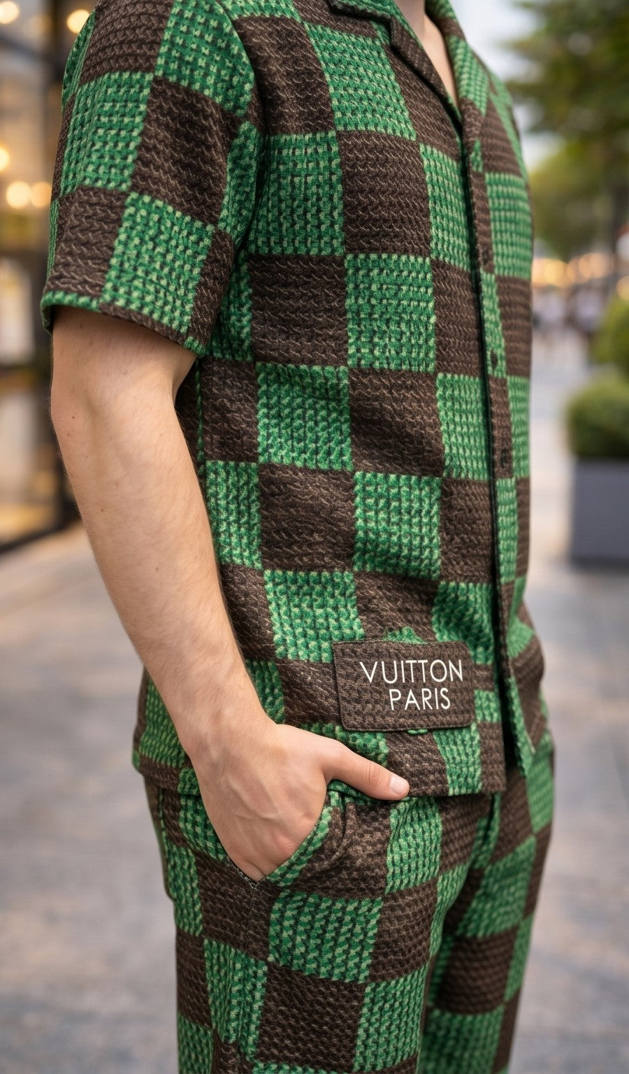 Damier Print Silk Co-Ord Set – Green