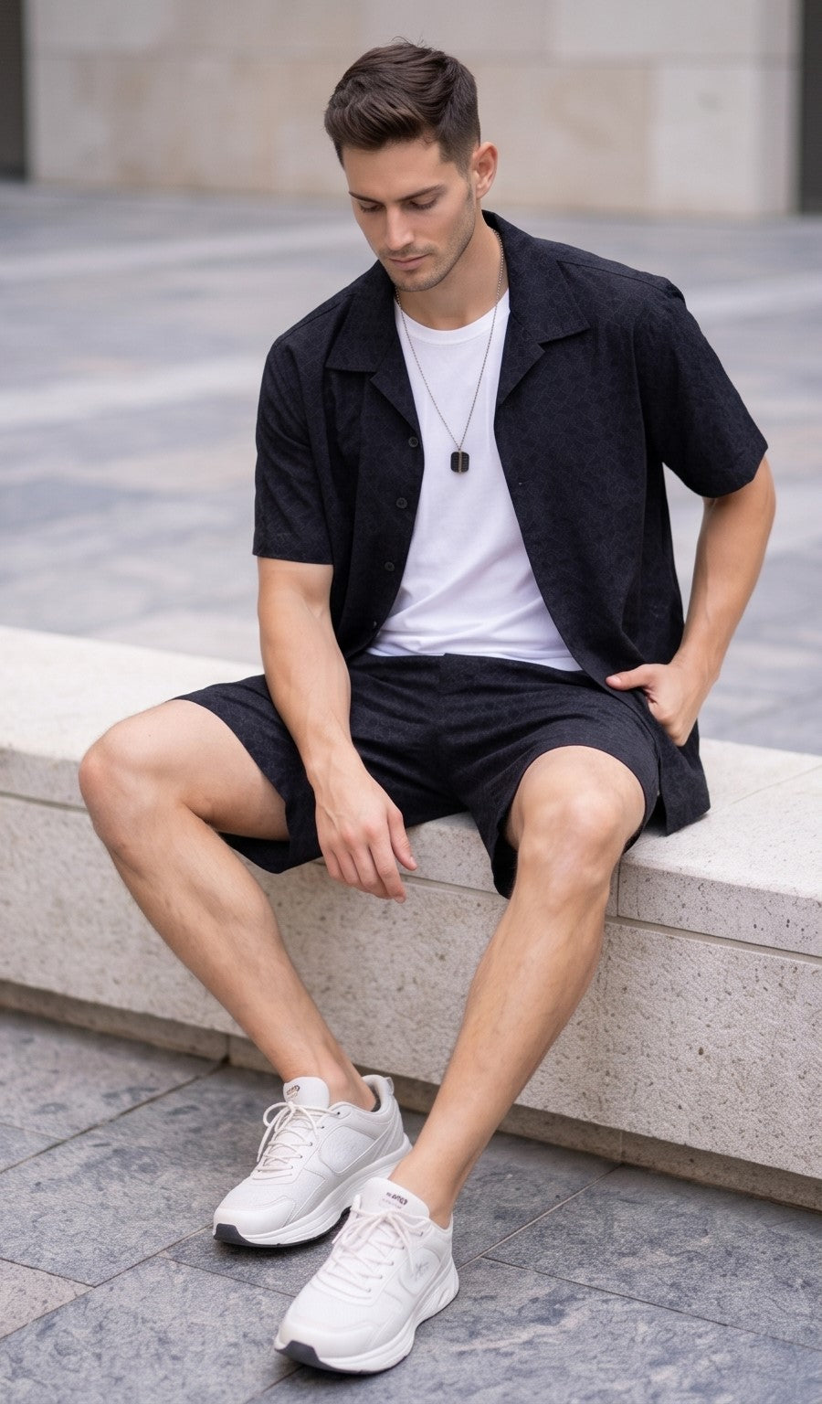 Textured Jacquard Resort Collar Shirt – Black