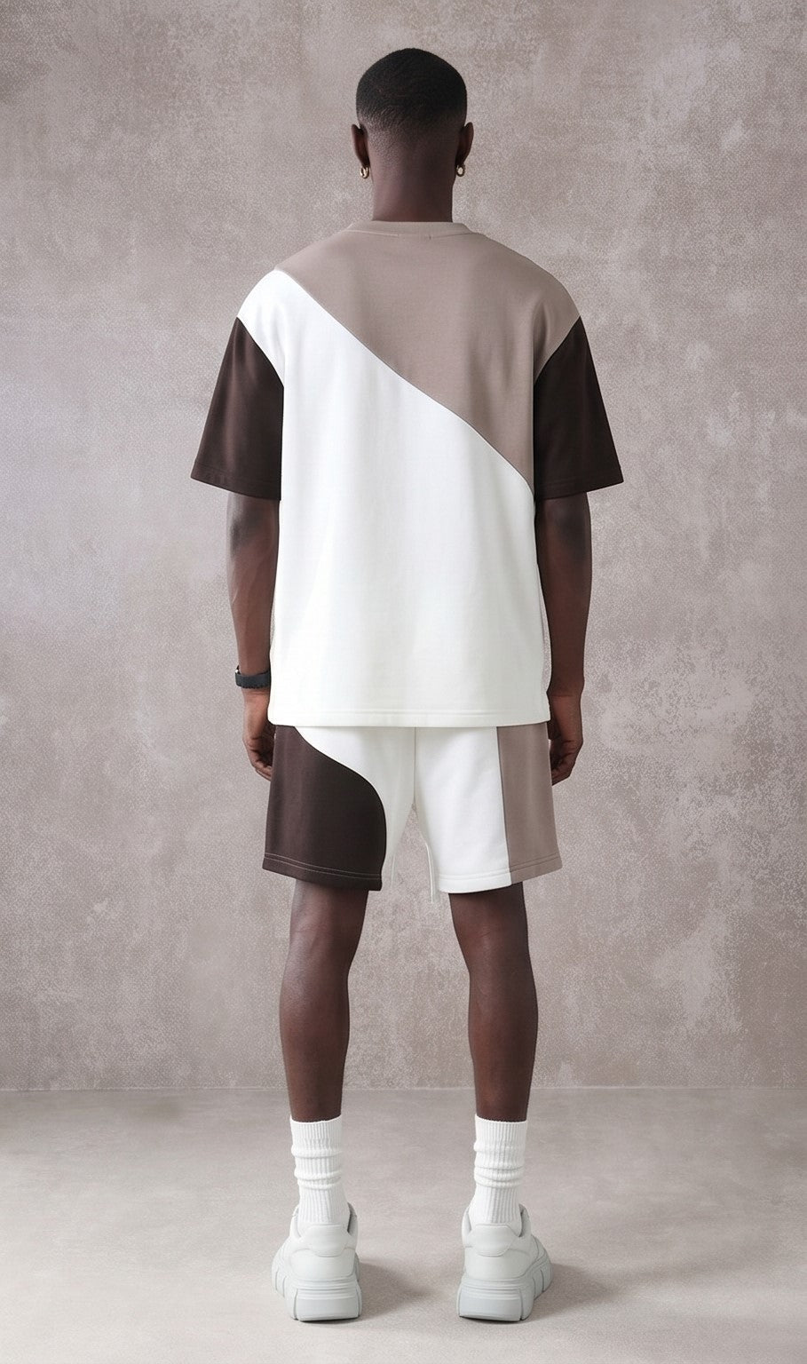 Color Block Casual T-Shirt – Beige, White & Black