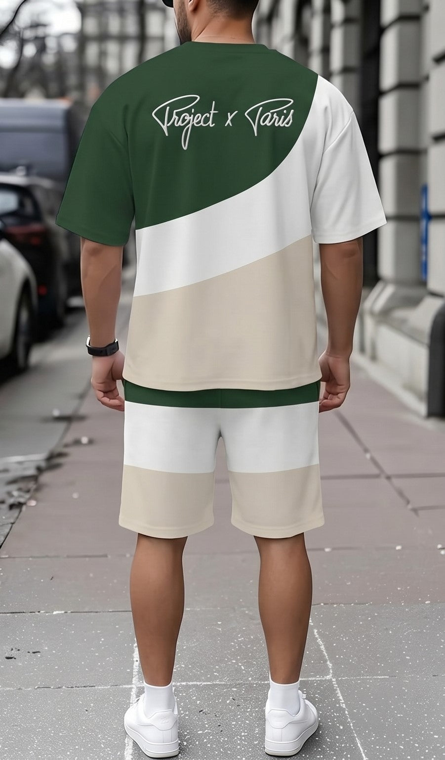 Color Block Co-Ord Set – Green, White & Beige T-Shirt with Matching Shorts