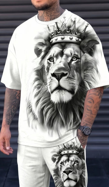 Lion Print Graphic T-Shirt & Shorts Co-Ord Set – White Casual Fit