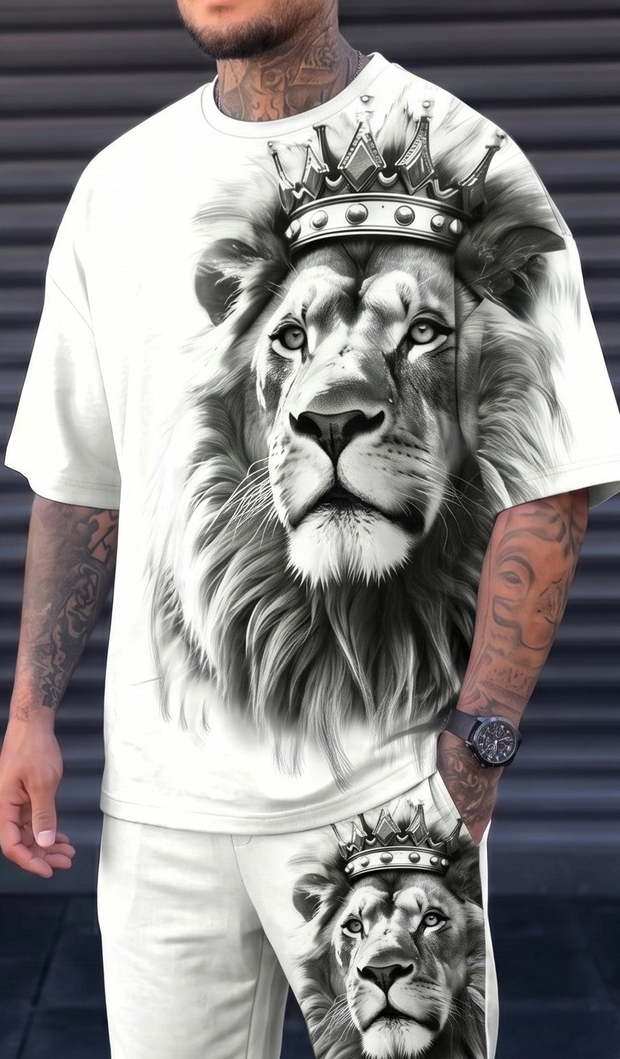 Lion Print Graphic T-Shirt & Shorts Co-Ord Set – White Casual Fit