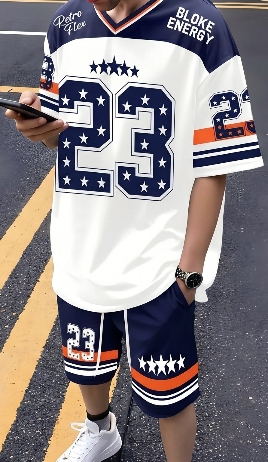 Colorblock Letter Print Jersey T-Shirt & Shorts Set – Navy & White