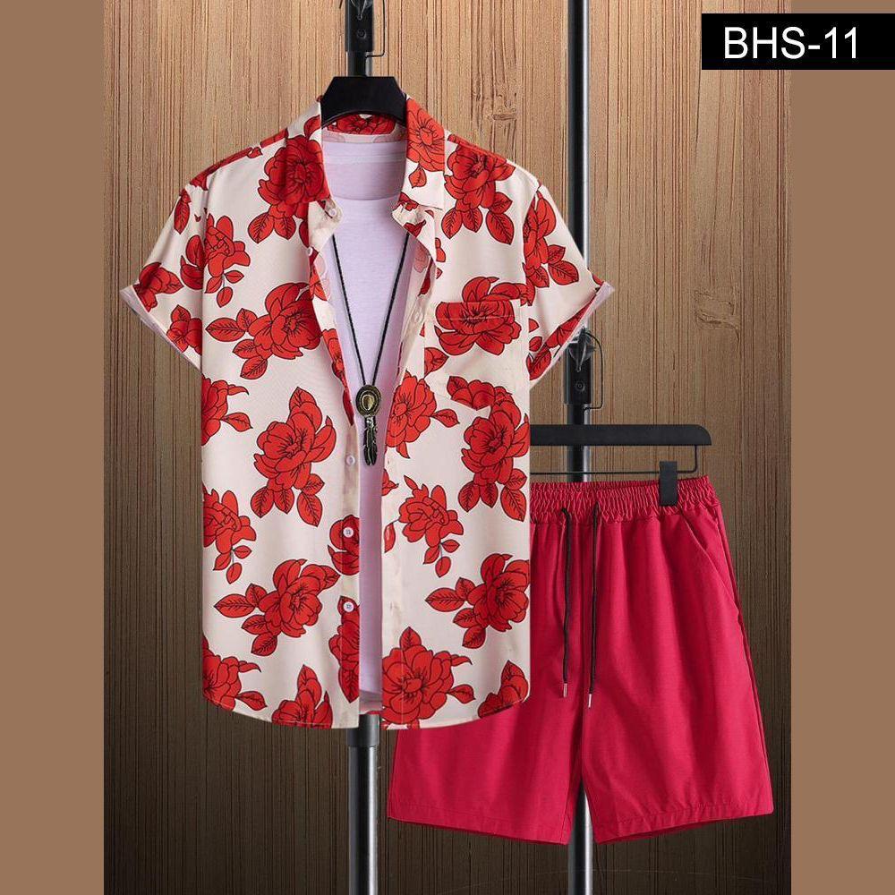 Beige Floral Print Short Sleeve Button-Up Shirt – Red Blossom Design