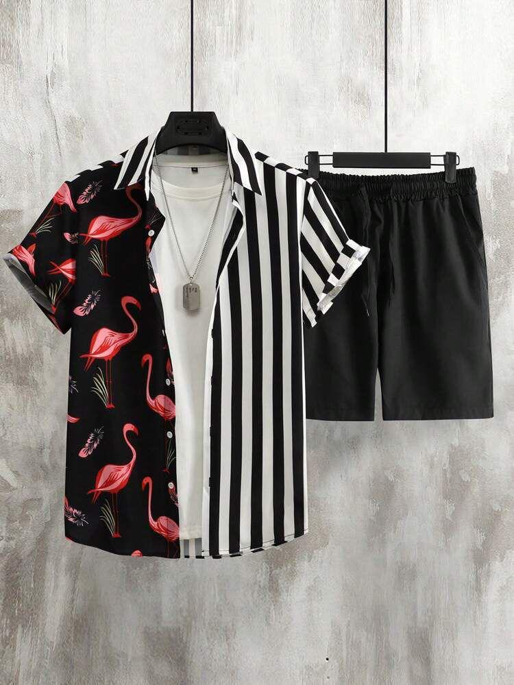 Split Design Flamingo & Stripe Button-Up Shirt – Black & White Contrast