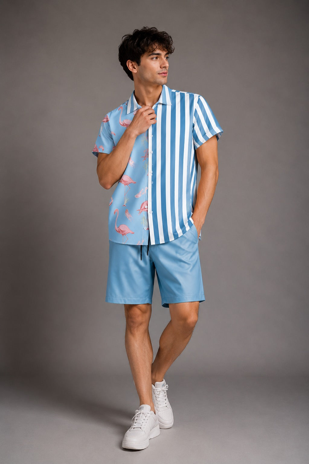 Flamingo Fusion Button-Up Shirt – Blue & White