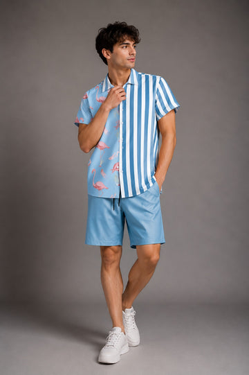 Flamingo Fusion Button-Up Shirt – Blue & White
