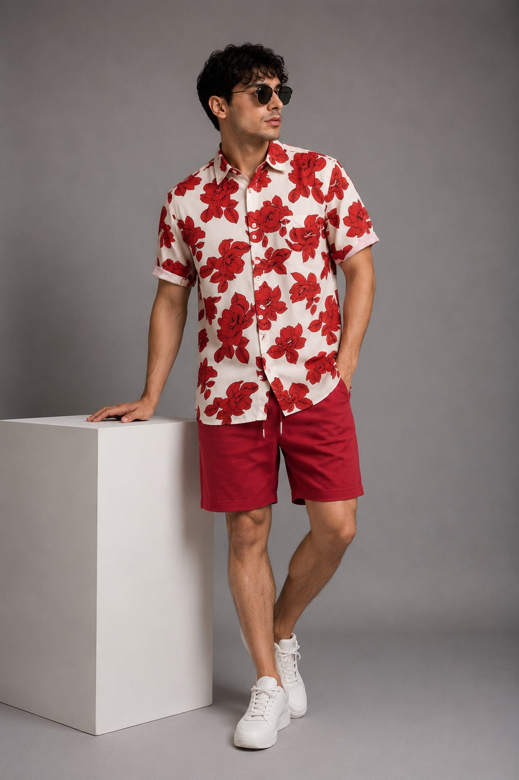 Crimson Bloom Button-Up Shirt – Red