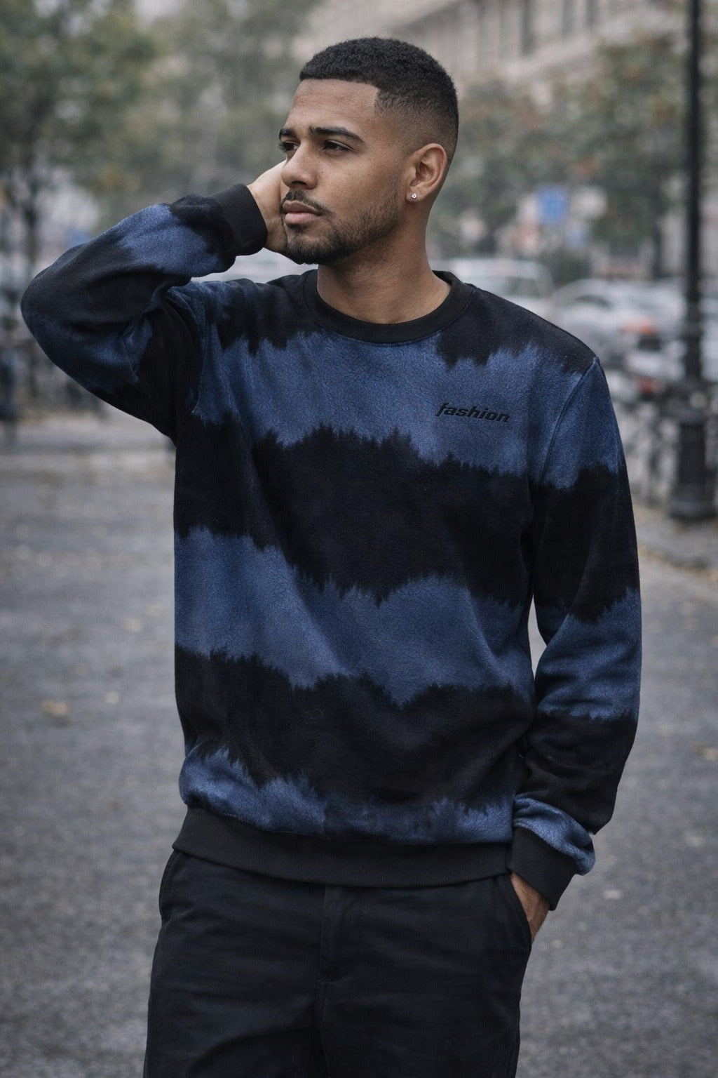 Navy Blue & Black Tie-Dye Crewneck Sweatshirt with “Fashion” Chest Print