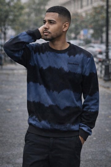 Navy Blue & Black Tie-Dye Crewneck Sweatshirt with “Fashion” Chest Print